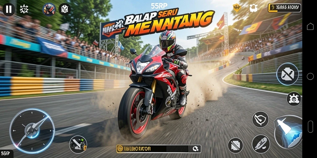 Screenshot utama 55RP menampilkan aksi balapan motor yang mendebarkan.