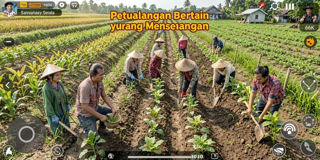 Screenshot gameplay menunjukkan ladang subur di 66K yang penuh warna.