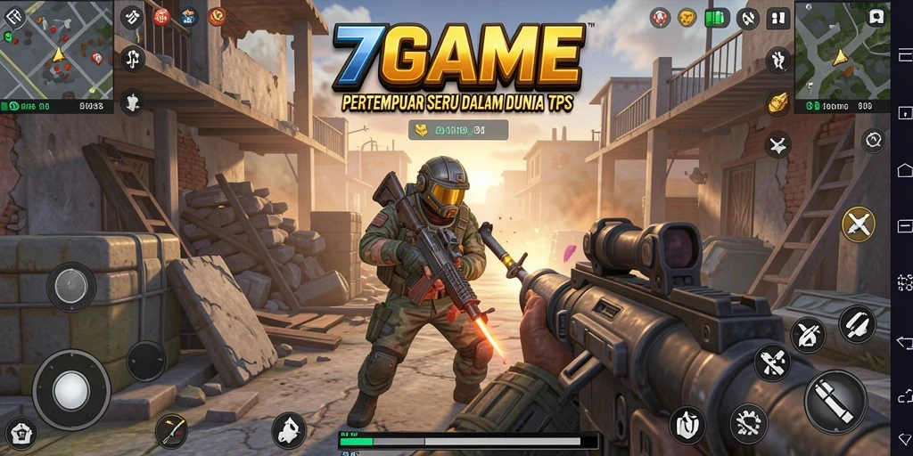 Screenshot dari gameplay 7GAME yang menampilkan aksi pertempuran TPS.