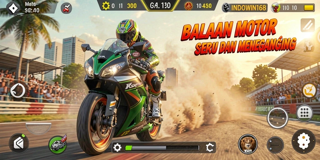 Gambar gameplay INDOWIN168 menampilkan balapan motor yang mendebarkan.